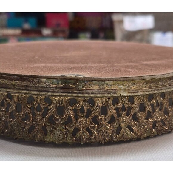 Vintage Ornate Brass Oval Vanity Tray With Mirror - Picture 6 of 9